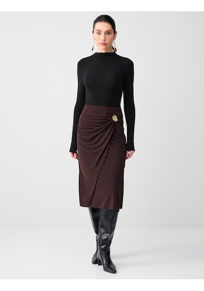 Jimmy Key Acı Kahve Metal Detaylı Yüksek Bel Örme Midi Etek 6sw075474803 Acı Kahverengi