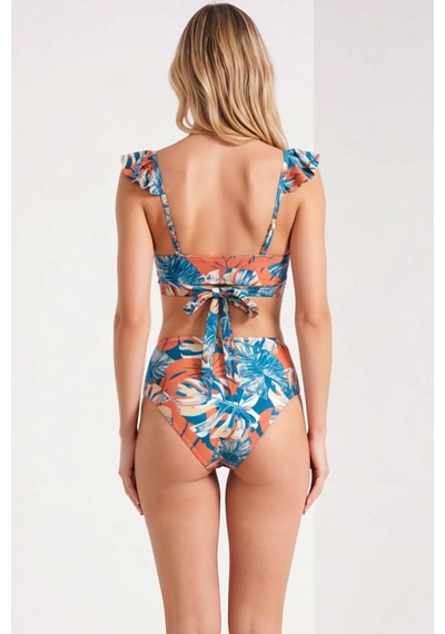 Benerly Kadın Bikini Takımı V Yaka Kolsuz Omuz Fırfır Detaylı Yüksek Bel Çok Renkli