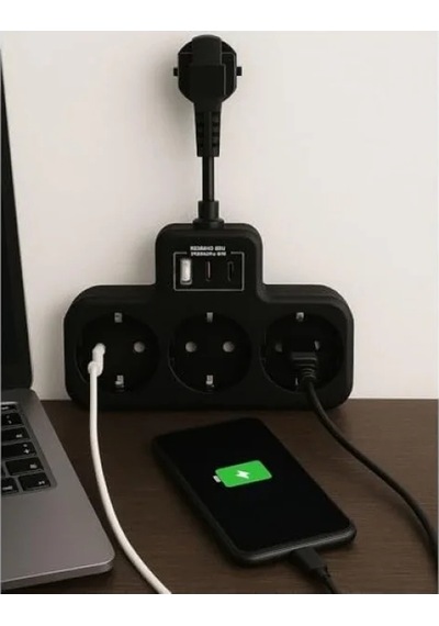 3 Soketli Yüksek Voltaj Korumalı Priz, 2 Type-c Ve 1 Usb Girişi 0