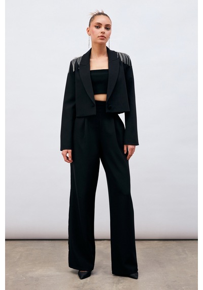 Sateen Bel Detaylı Cepli Pantolon - Siyah