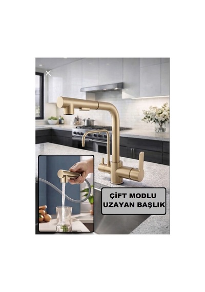 Rena Design Mat Gold Aritmali Spiralli 2 Modlu Başlik L Boru Mutfak Evye Bataryasi Altin Prinç Armatür Musluk