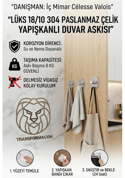 2 Li Set Çelik Yapışkanlı Banyo Havluluk Mutfak Askısı Gümüş Bornoz Duvar Askılığı 4,5 Cm Çap 304 Paslanmaz 723453 Diğer