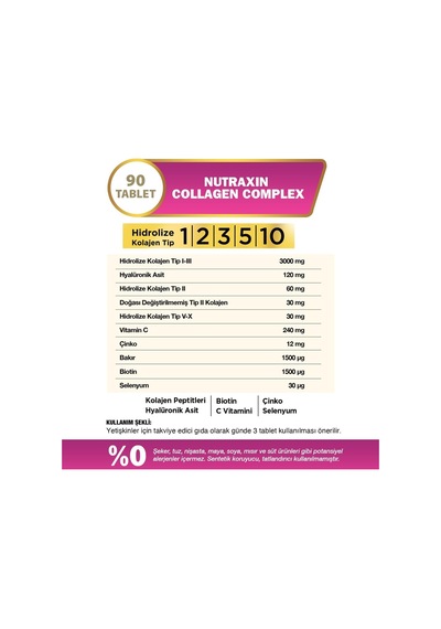 Collagen Complex Tablet 5 Tip Kolajen Tip I, Iı, Iıı, V, X + Hyalüronik Asit, Elastin, C Vitamini Cilt, Saç Ve Tırnak Desteği Şeker Ve Gluten İçermez 90 Tablet 2 Paketi