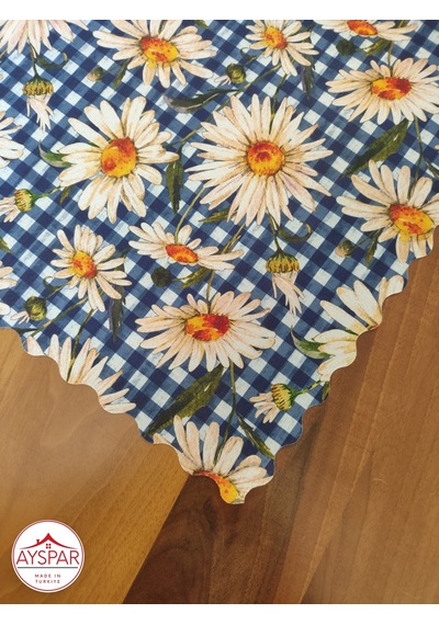 Masa Örtüsü 150x170 Cm Lacivert Kareli Papatya Beyaz