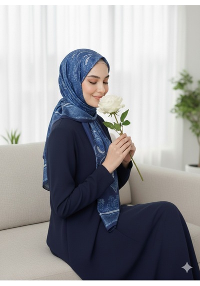 Premium Lux Original Etnik Desen Şal Vual İpek, 1. Sınıf, Hafif, Rahat, Şık, Tesettür Giyim Mavi - Lacivert