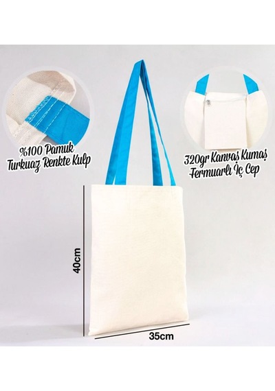 Bk Gift Kişiye Özel Kendin Tasarla Turkuaz Renkli Kulp Ve İç Cepli Kanvas Bez Çanta 35x40cm, Baskılı Omuz Çantası, Alışveriş Çantası, Plaj Çantası Haki