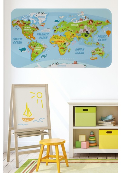 Eğitici Dünya Haritası Dünya Atlası Çocuk Ve Bebek Odası Duvar Sticker-85x130-3778 Çok Renkli