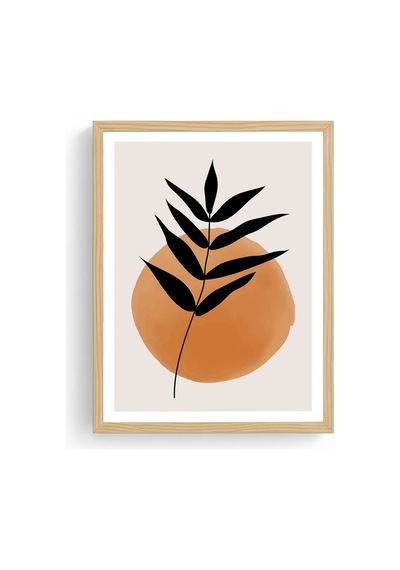 Doğal Ahşap Çerçeveli Minimal Yaprak Desenli Tablo - Pastel Tonlar Huhu1465