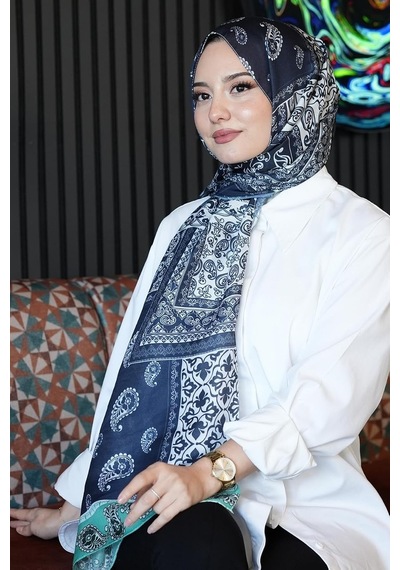 Paisley Desen Lacivert Soft Pamuk Şal Lacivert Çok Renkli