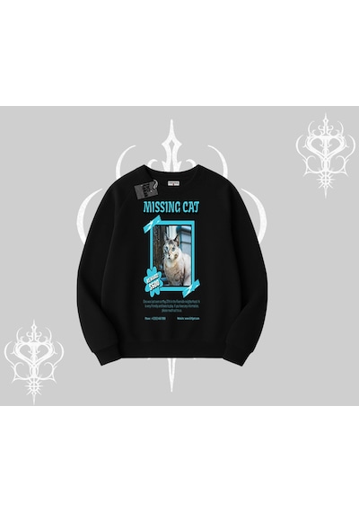Missing Cat Baskılı Biskilet Sweatshirt Siyah