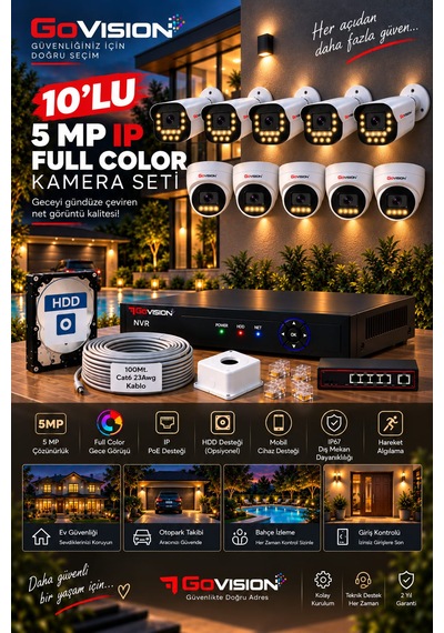 Go Vision 10'lu Güvenlik Dome Bullet Ip Kamera Seti - 3.6mm Lens, H.265, Poe, Warm Led Gece Görüşlü