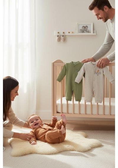 Altıntaş Baby Mom Dad Me Erkek Bebek Üçlü Tulum Yeşil Bej Yeşil Bej