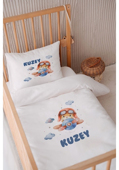 %100 Pamuk Saten Isme Özel Isimli 100x150 Bebek Yatak Nevresim Seti Pilot Tavşan