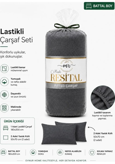 Resital Lastikli Çarşaf Seti Battal Boy Antrasit