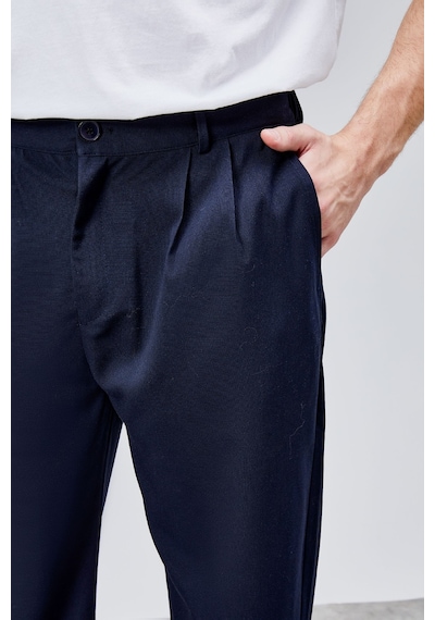 HLT Jeans Erkek Lacivert Çift Pileli Rahat Kesim Beli Lastikli Bol Paça Baggy Pantolon Albert-1989 Lacivert