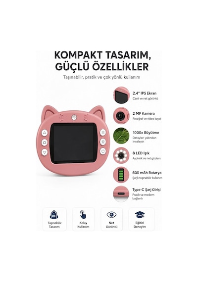 4berry Taşınabilir Fotoğraf Çekebilen Dijital Mikroskop 1000x 2.4 Ips Ekran, 2 Mp Kamera, 8 Led Işık, Type-c Şarjlı Pembe