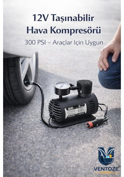 Taşınabilir Hava Kompresörü 12v 300 Ps I Araç Lastik Şişirme Pompası Mini Elektrikli Kompresör 12 V 300 Ps
