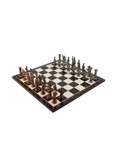 Gifthome Battal Boy Metal Roma Satranç Takımı Antik Ve Katlanır Ceviz Desenli Mdf Satranç Tahtası 43x43 Cm.