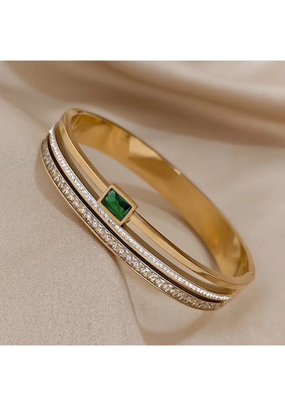 Zümrüt Gold Crystal Zirkon Taşlı Kelepçe Bileklik Gümüş - Altın