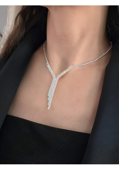 Eva Takı Store Kristal Taşlı Su Yolu Sarkıt Model Yılbaşı - Abiye - Düğün -event Kolye Küpe Set Silver Gümüş