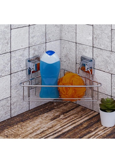 Easyfix Yapışkanlı Banyo Duvar Rafı Şampuanlık Köşe Rafı Krom Gümüş