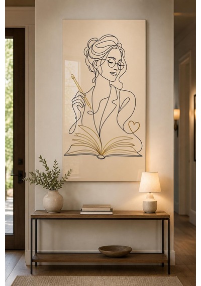 Kitap Okuyan Kadın Baskılı Cam Tablo Minimalist Çizgi Sanatı Uv Baskı