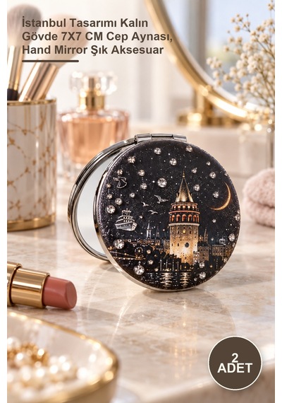 2 Adet Taşlı El Aynası İstanbul Tasarımı Kalın Gövde 7x7 Cm Cep Aynası, Hand Mirror Şık Aksesuar