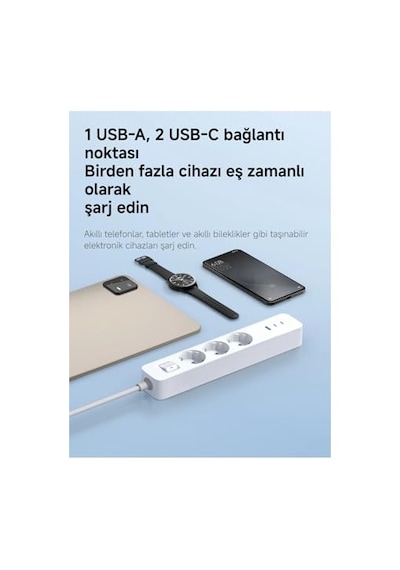 20w Power Strip 3 Lü Priz - 2 Usb-c + 1 Usb-a Hızlı Şarj