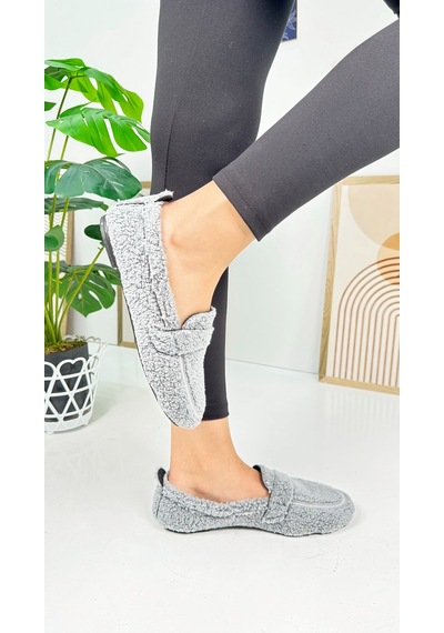 Günlük Kadın Loafer Peluş Astarlı Oval Burunlu Alçak Desenli Tabanlı Ayakkabı 375 Gri