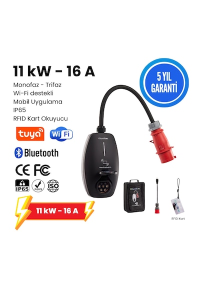 Evwallbox 11 Kw V3 Türkçe Mobil Uygulama 5 Yıl Garanti, Taşıma Çantası Ve Dönüştürücü Adaptör li.