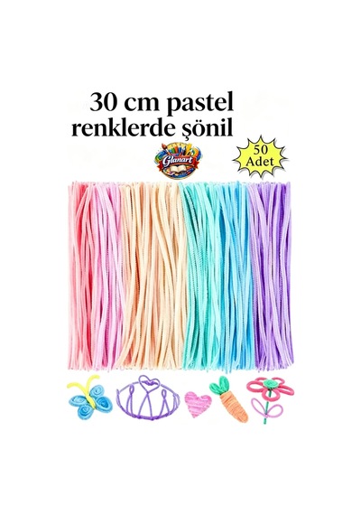 Şönil Pastel Renkler 50 Adet 30 Cm Şönil, Tüylü Tel El İşi Okul Projeleri İçin