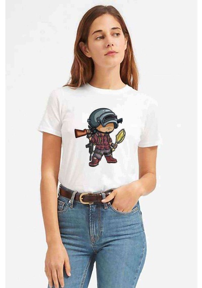 Pubg Animasyon Baskılı Beyaz Kadın Tshirt