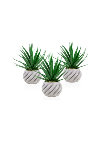 3 Adet Kıvrımlı Beton Saksıda Yeşil Yapay Kaktüs Aloevera