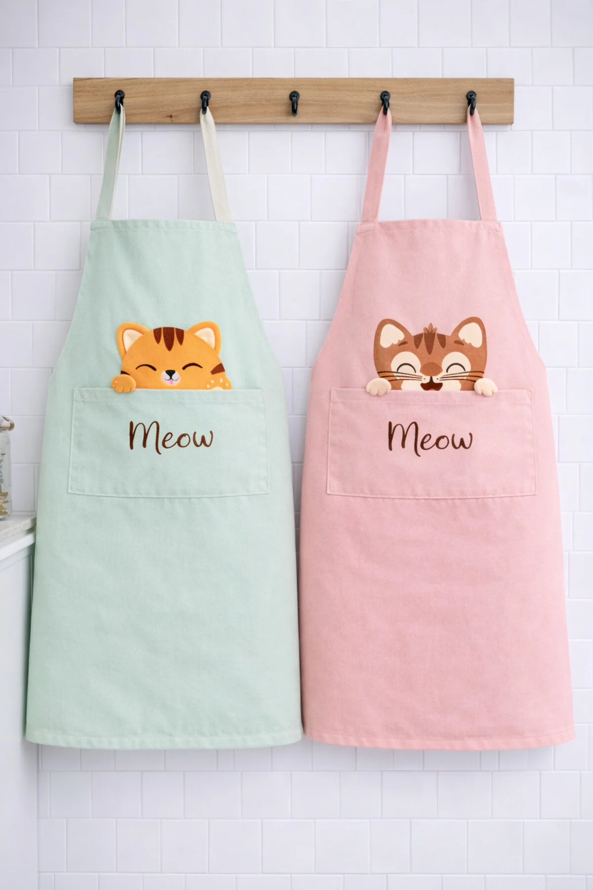 Ays Home Mint Pudra Cepli 2'li Kedi Baskılı Mutfak Önlüğü Seti Pudra