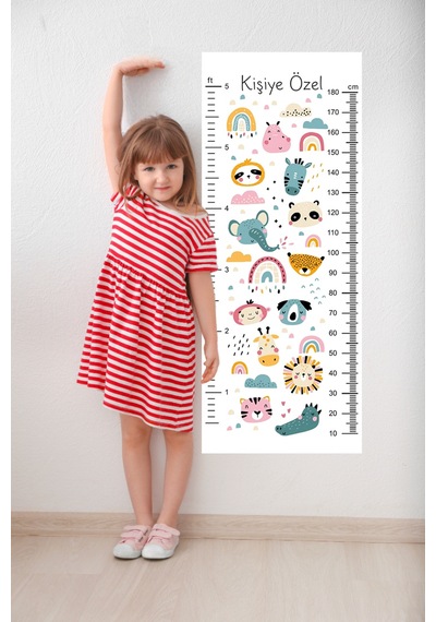 Kişiye Özel Hayvanlar Temalı Dekoratif Çocuk Boy Ölçer Sticker Duvar Cetveli Takip Çizelgesi Beyaz