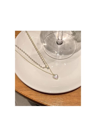 Lunarie Çift Sıra Katmanlı İnci Kalp Sarkıtlı 14k Gold Kolye Beyaz