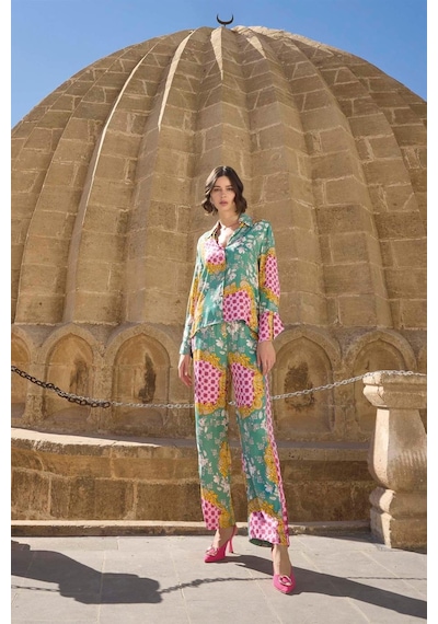 Monamise Kadın Çiçek Ve Yaprak Desenli Pijama Takımı 23001 Çok renkli