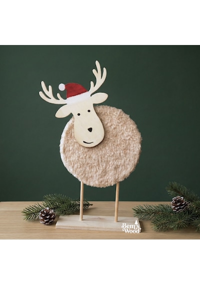 Sevimli Ahşap & Peluş Yılbaşı Geyiği Figürü - Noel Şapkalı Dekor Ahşap