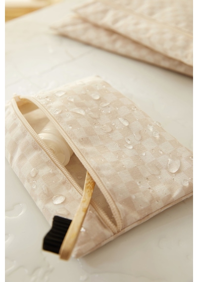 Ocean Home Textile 3'lü Su Geçirmez Pvc Astarlı Bej Dama Desen Islak Kuru Çantası 20 X 13 / 24 X 20 / 30 X 24 Cm