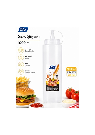 Titiz 3 Lü 1000 Ml Sos Şişesi Seti Sızdırmaz Kapaklı Sarı Kırmızı Şeffaf