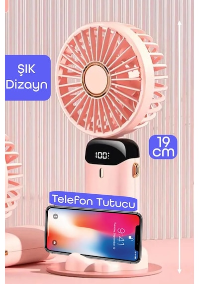 Lcd Ekranlı Şarjlı El Fanı Mini Vantilatör 5 Kademe Sessiz Boyun Askılı Pembe Fan