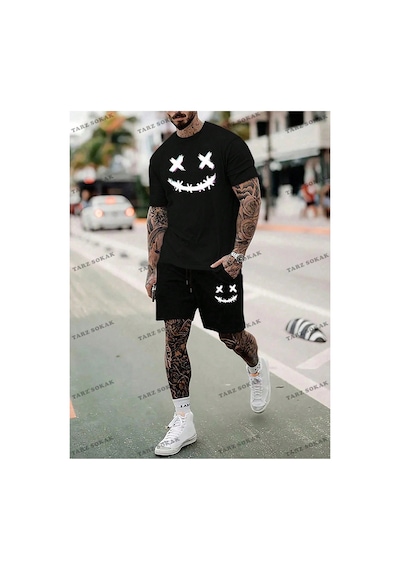 Erkek Kısa Kollu Emoji Baskılı Tişört Ve Şort Takım Siyah