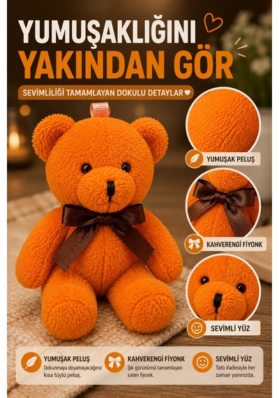 1 Adet Turuncu Peluş Ayıcık Anahtarlık 15x8 Cm Çanta Sırt Çantası Anahtar Aksesuar Sevimli Fiyonk