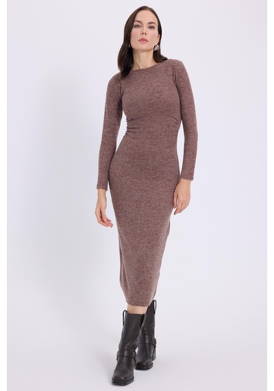 Tudors Kadın Slim Fit Dar Kesim Bisiklet Yaka Kahverengi Elbise-41643 Kahverengi