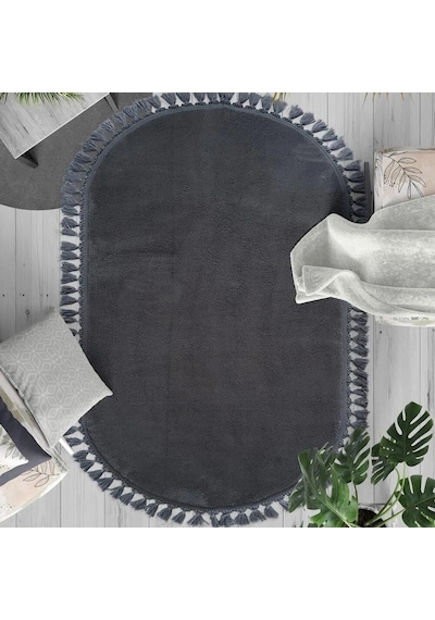 Antrasit Fluffy Düğüm Saçaklı Oval Post Peluş Halı Kaymaz Taban