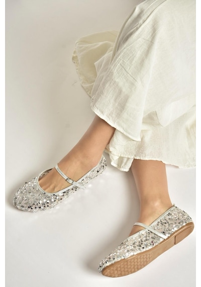 Fox Shoes Y250322040 Gümüş Kumaş Pullu Kadın Babet Gümüş