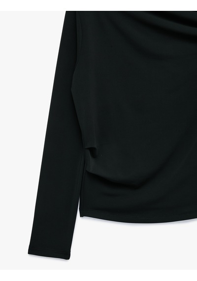 Koton Slim Fit Drapeli Asimetrik Kesim Uzun Kollu Tek Omuz Tişört Siyah 7wak50088ek