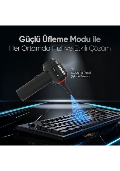 Laiser Mini, Katlanabilir Led Ekranlı 17.000 Pa 3ın1 Çekme-vakum-üfleme Özellikli Şarjlı Araç Süpürgesi Siyah