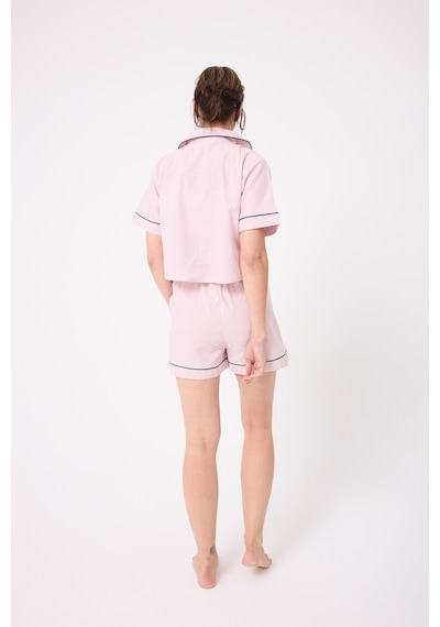 Lespadon Marısılk Kadın Yazlık Şortlu Crop Gömlekli Pijama & Lounge Takımı -3249 Pudra