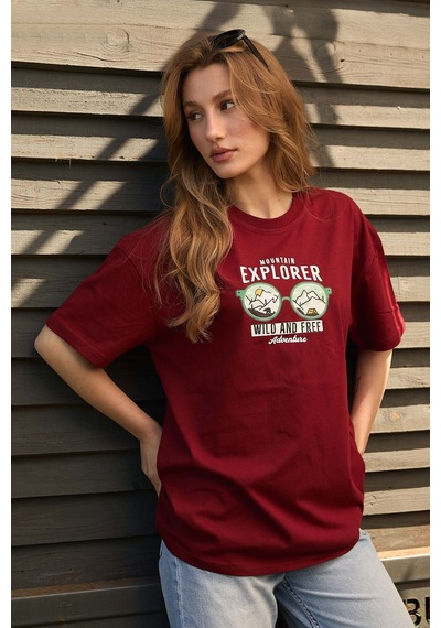 Velvoria Unisex Oversize Mountain Explorer Baskılı Bordo Renk T-shirt